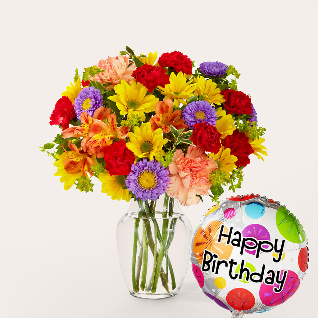 Kaleidoscope Bouquet with Birthday Balloon – The Happy Florist, Sanford FL