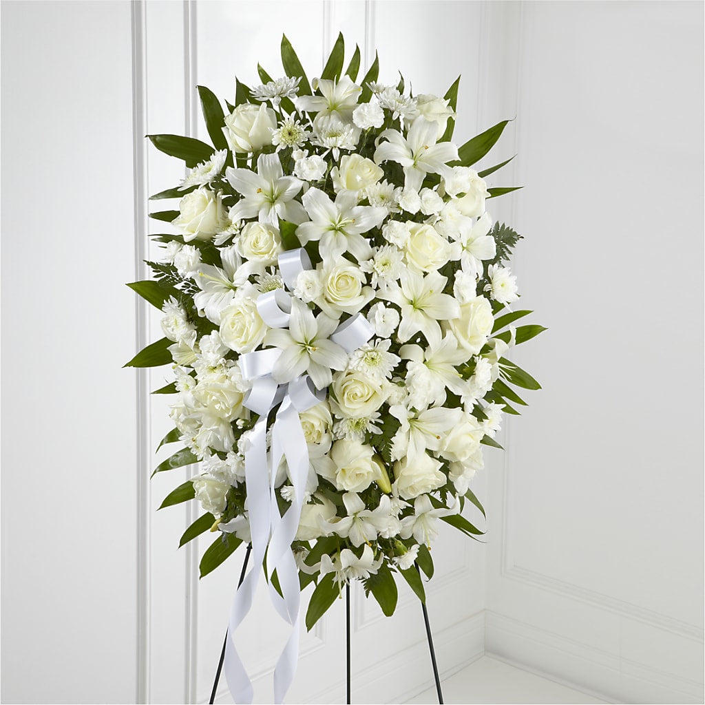 Exquisite Tribute Standing Spray-White Ribbon – The Happy Florist, Sanford FL
