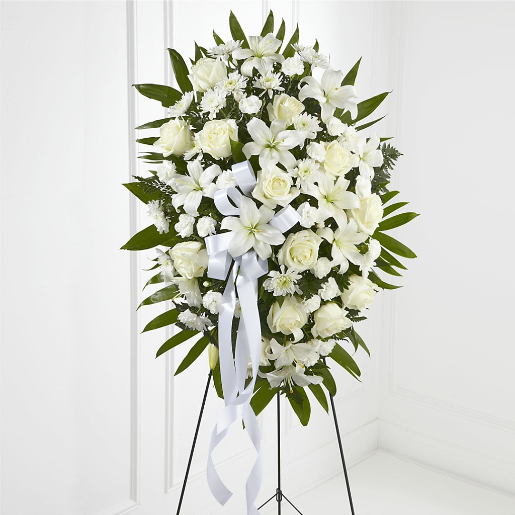 Exquisite Tribute Standing Spray-White Ribbon – The Happy Florist, Sanford FL